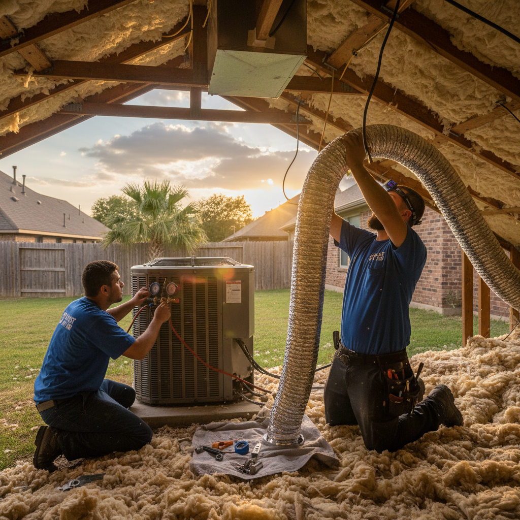 Experienced HVAC technician servicing an outdoor air conditioning unit in Grand Prairie, TX, DFW metroplex.