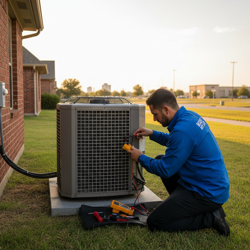 Experienced HVAC technician servicing an outdoor air conditioning unit in a Grand Prairie, TX home.