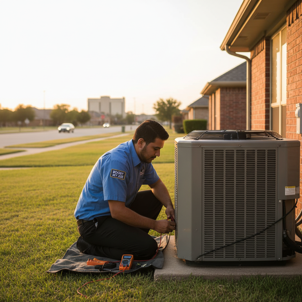 Experienced HVAC technician servicing an outdoor air conditioning unit in a Grand Prairie, TX home.