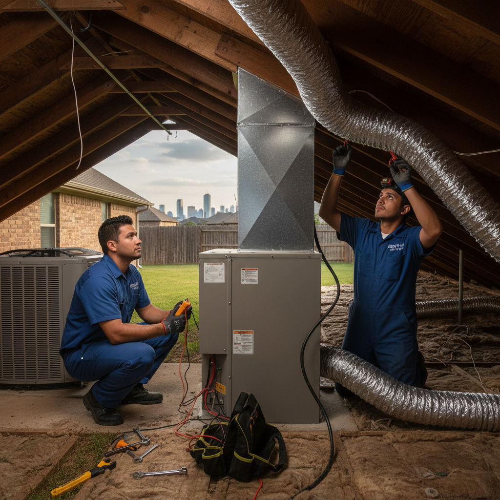 Experienced HVAC technician servicing an outdoor air conditioning unit in Grand Prairie, TX.