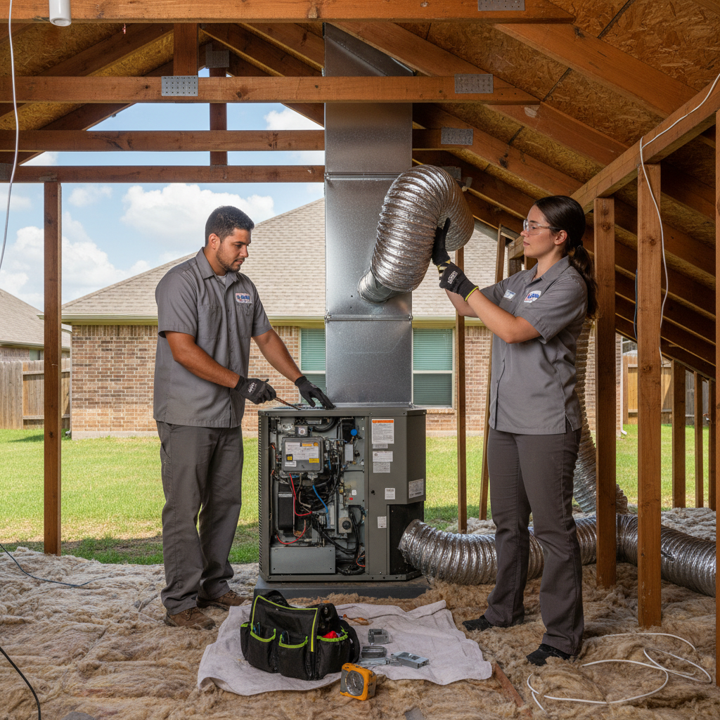Experienced HVAC technician servicing an outdoor air conditioning unit in Grand Prairie, TX, DFW metroplex.