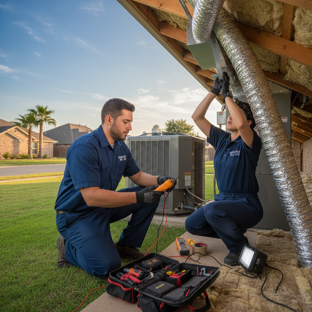 Experienced HVAC technician servicing an outdoor air conditioning unit in Grand Prairie, TX.