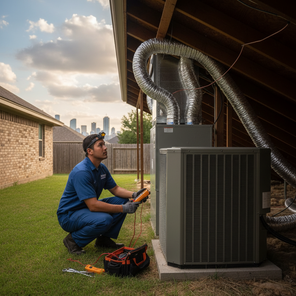 Experienced HVAC technician servicing an outdoor air conditioning unit in Grand Prairie, TX.