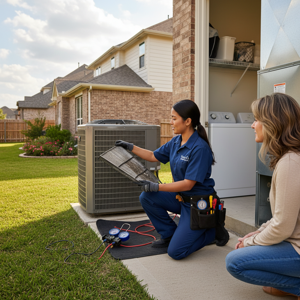 Experienced HVAC technician servicing an outdoor air conditioning unit in a Grand Prairie, TX backyard.