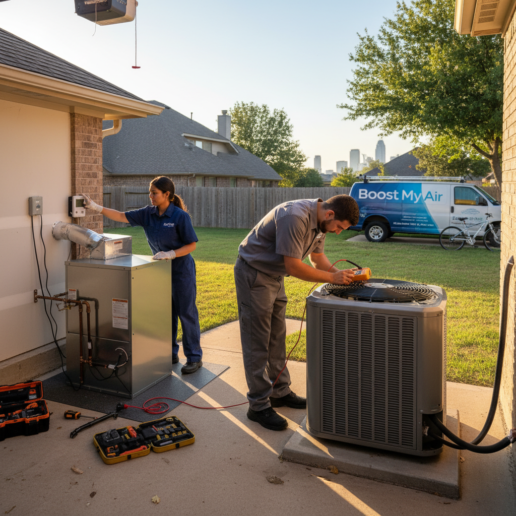 Experienced HVAC technician servicing an outdoor air conditioning unit in a Grand Prairie, TX home.