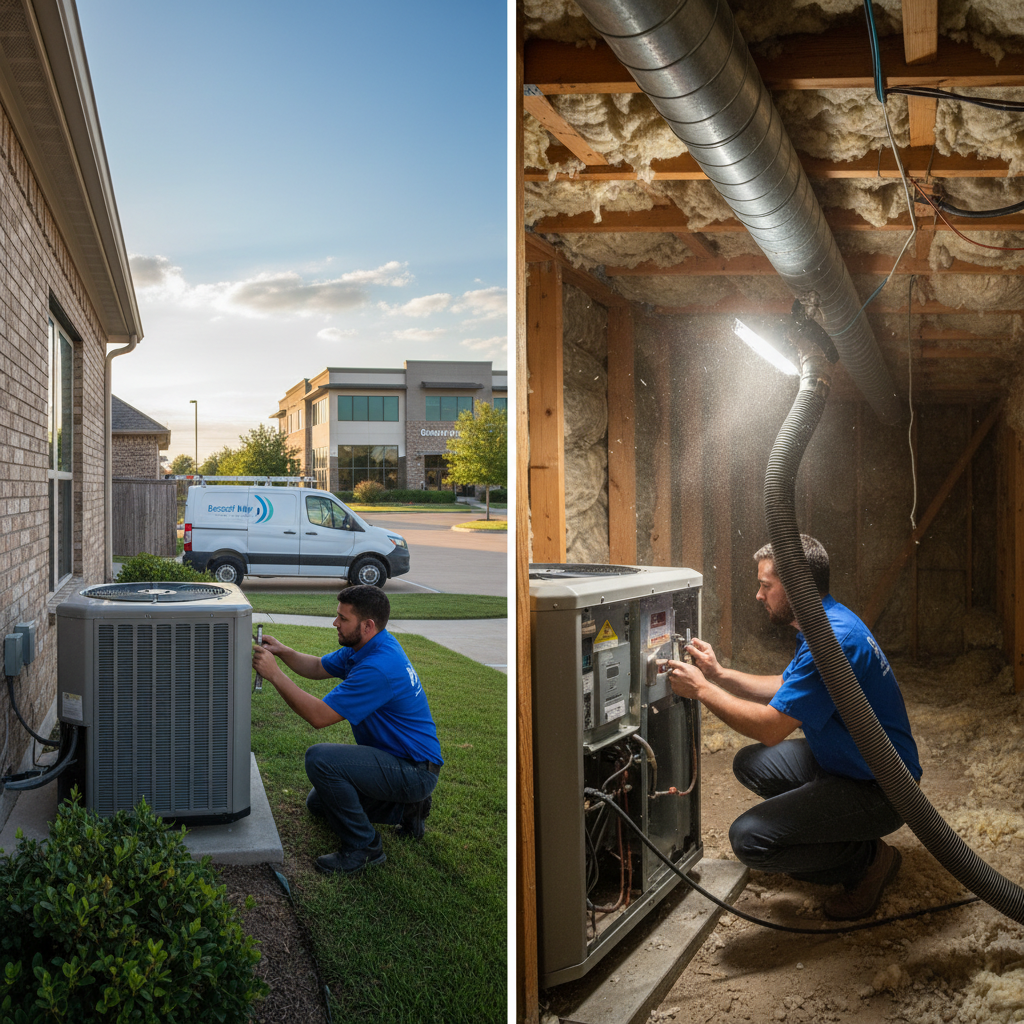 Experienced HVAC technician servicing an outdoor air conditioning unit in a Grand Prairie, TX home.