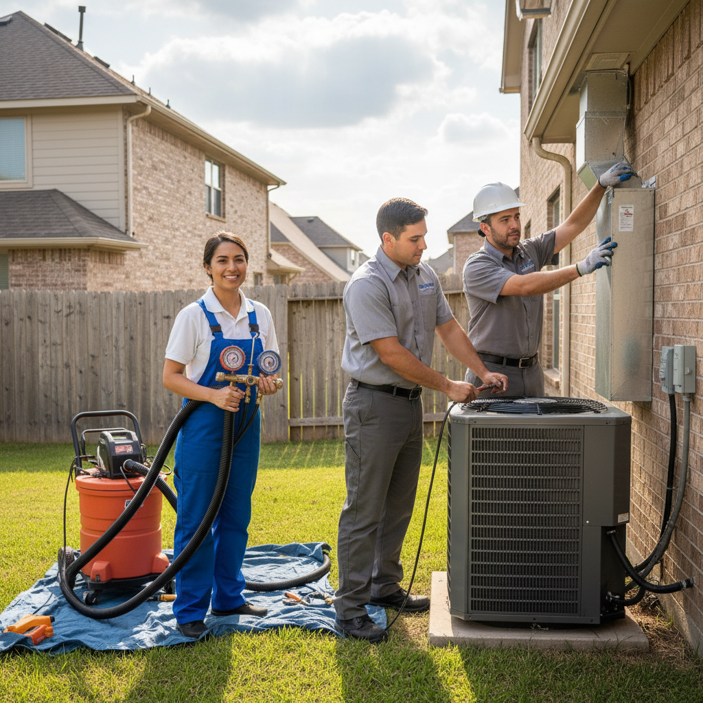 Experienced HVAC technician servicing an outdoor air conditioning unit in Grand Prairie, TX.