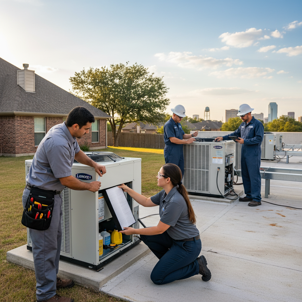 Experienced HVAC technician servicing an outdoor air conditioning unit in a Grand Prairie, TX home.