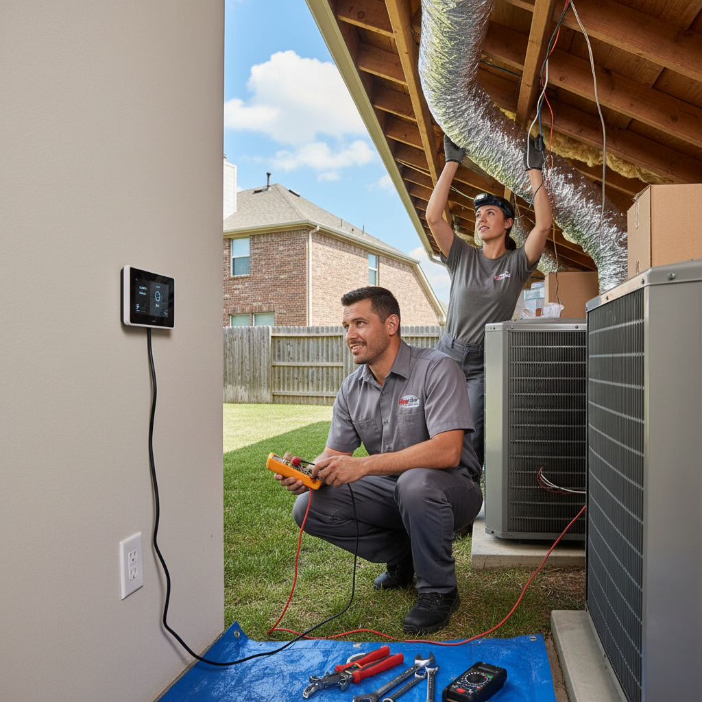 Experienced HVAC technician servicing an outdoor air conditioning unit in a Grand Prairie, TX backyard.