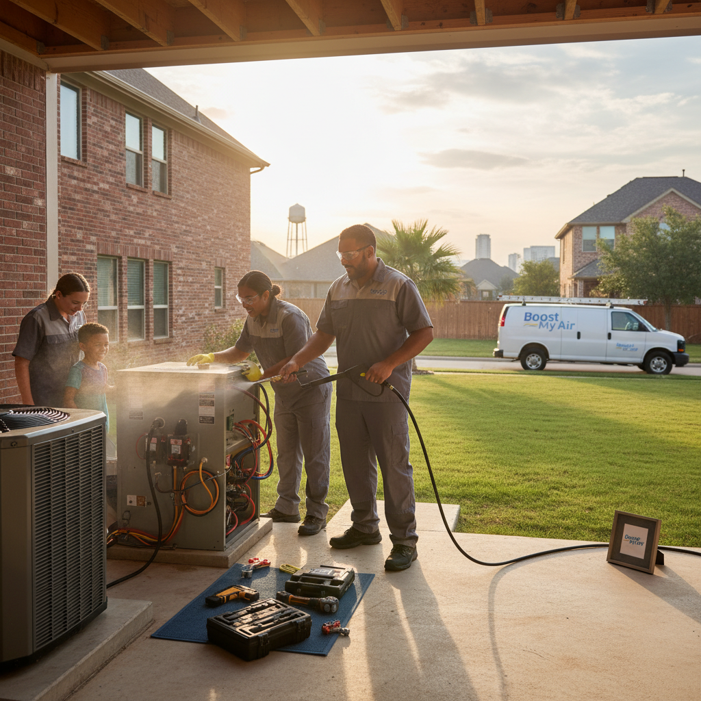 Experienced HVAC technician servicing an outdoor air conditioning unit in Grand Prairie, TX, DFW metroplex.