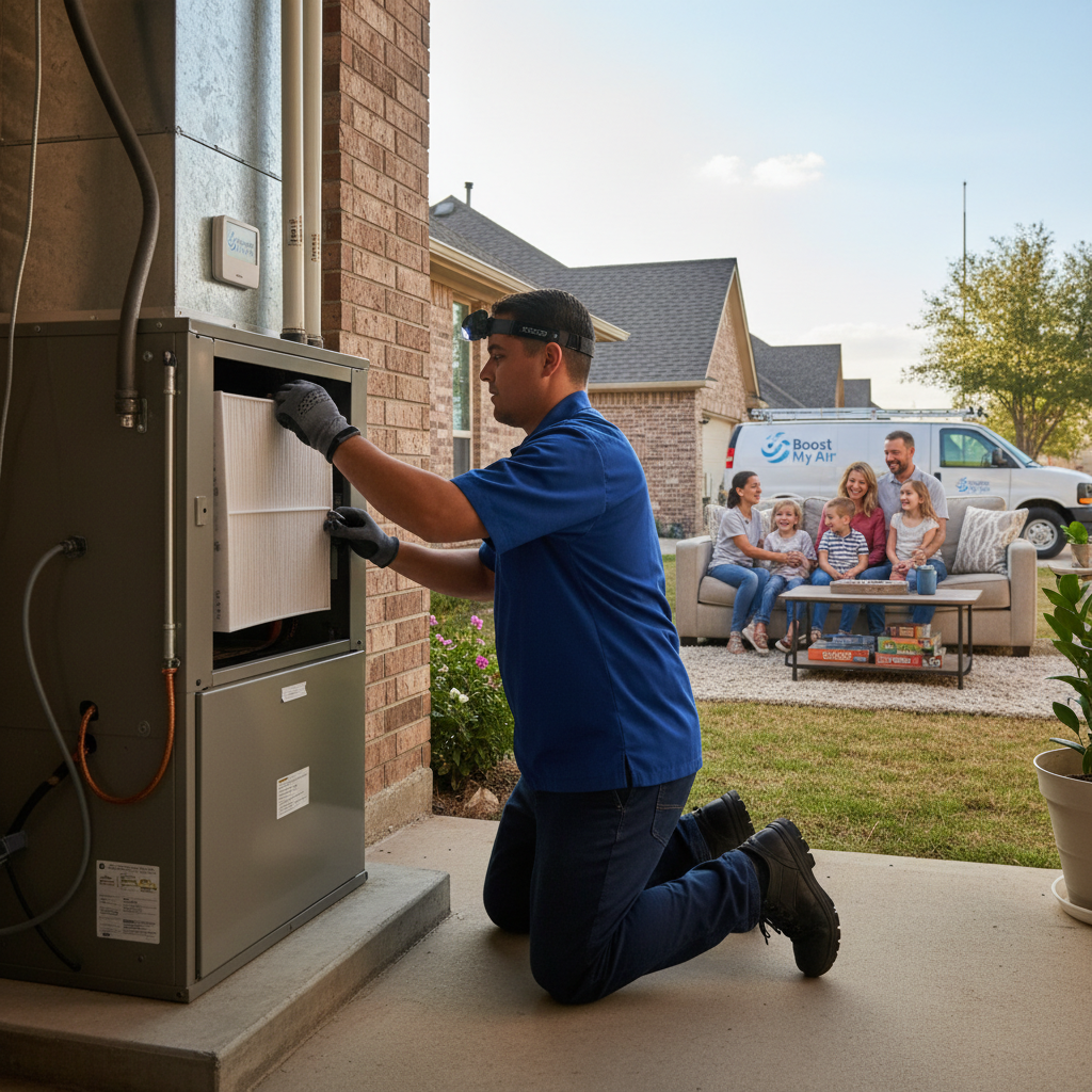 Experienced HVAC technician servicing an outdoor air conditioning unit in a Grand Prairie, TX home.
