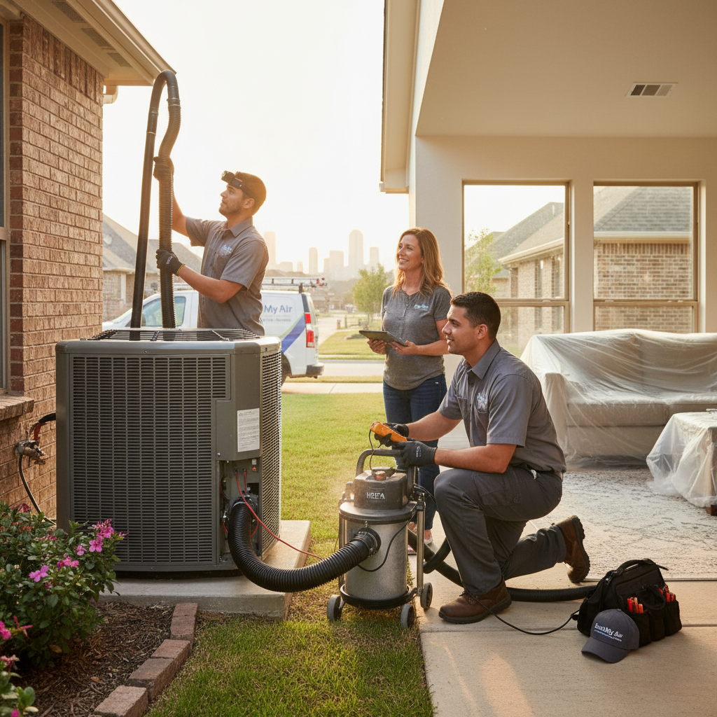 Experienced HVAC technician servicing an outdoor air conditioning unit in Grand Prairie, TX.
