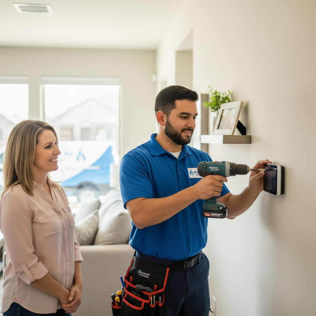 Friendly Boost My Air professional installing a new thermostat in Grand Prairie, TX home.