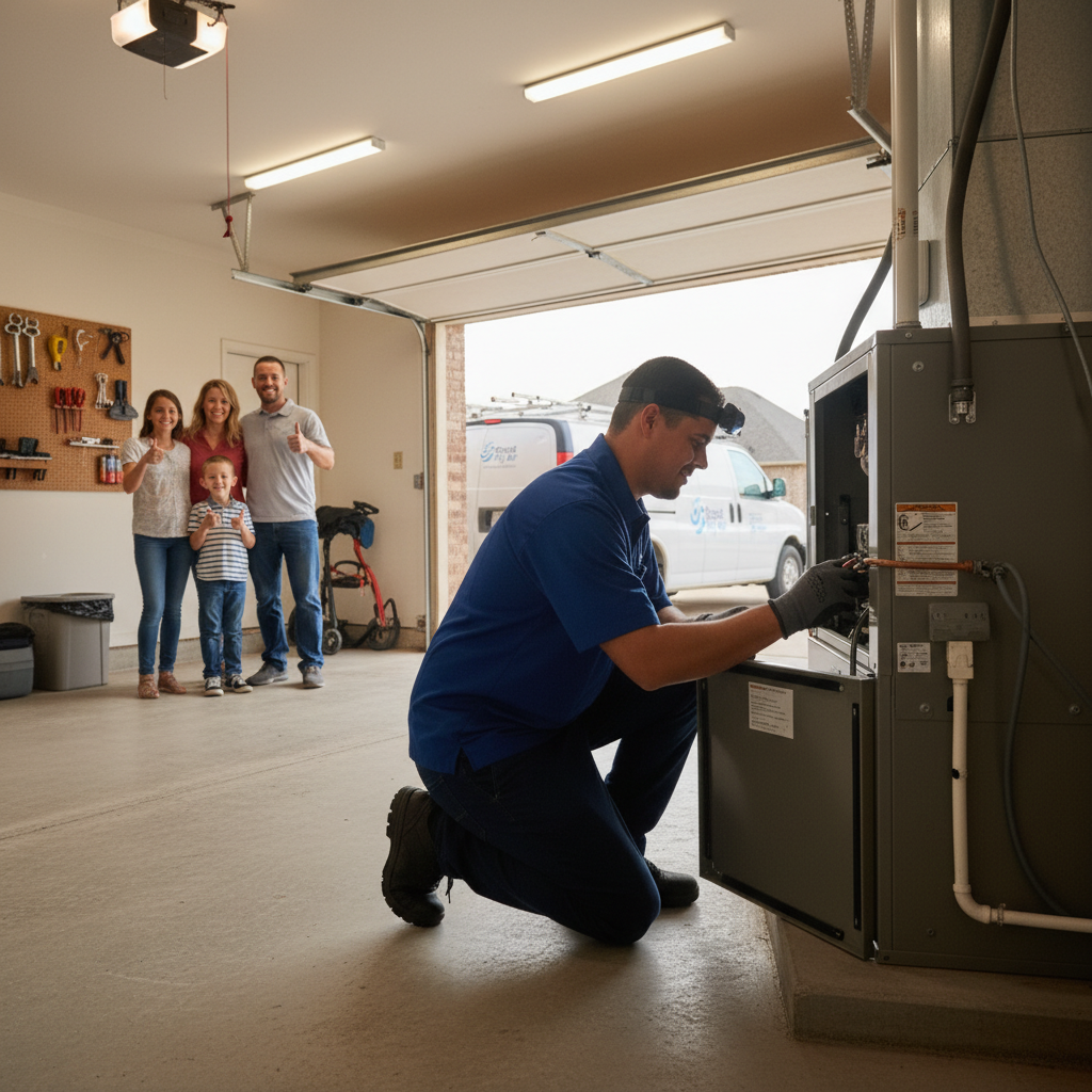 Friendly HVAC professional performing routine maintenance on a furnace in a Grand Prairie, TX home.