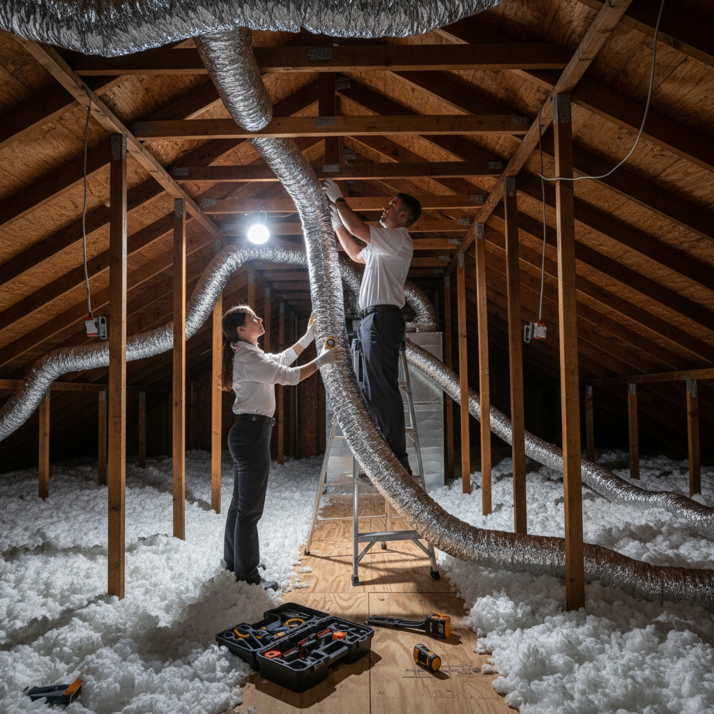 HVAC installation team working on new ductwork in a residential attic in Grand Prairie, TX.