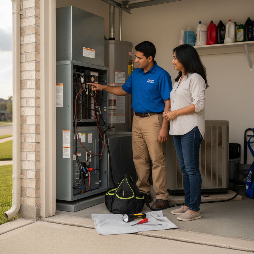 HVAC technician discussing a new air conditioning installation with a homeowner in Grand Prairie, TX.