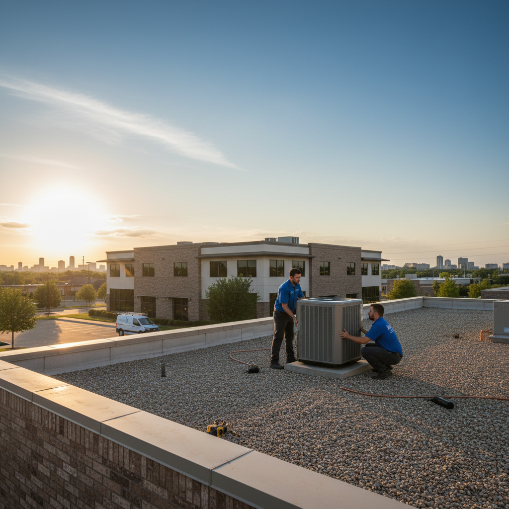 HVAC technician installing a new air conditioning unit at a Grand Prairie, TX commercial building.