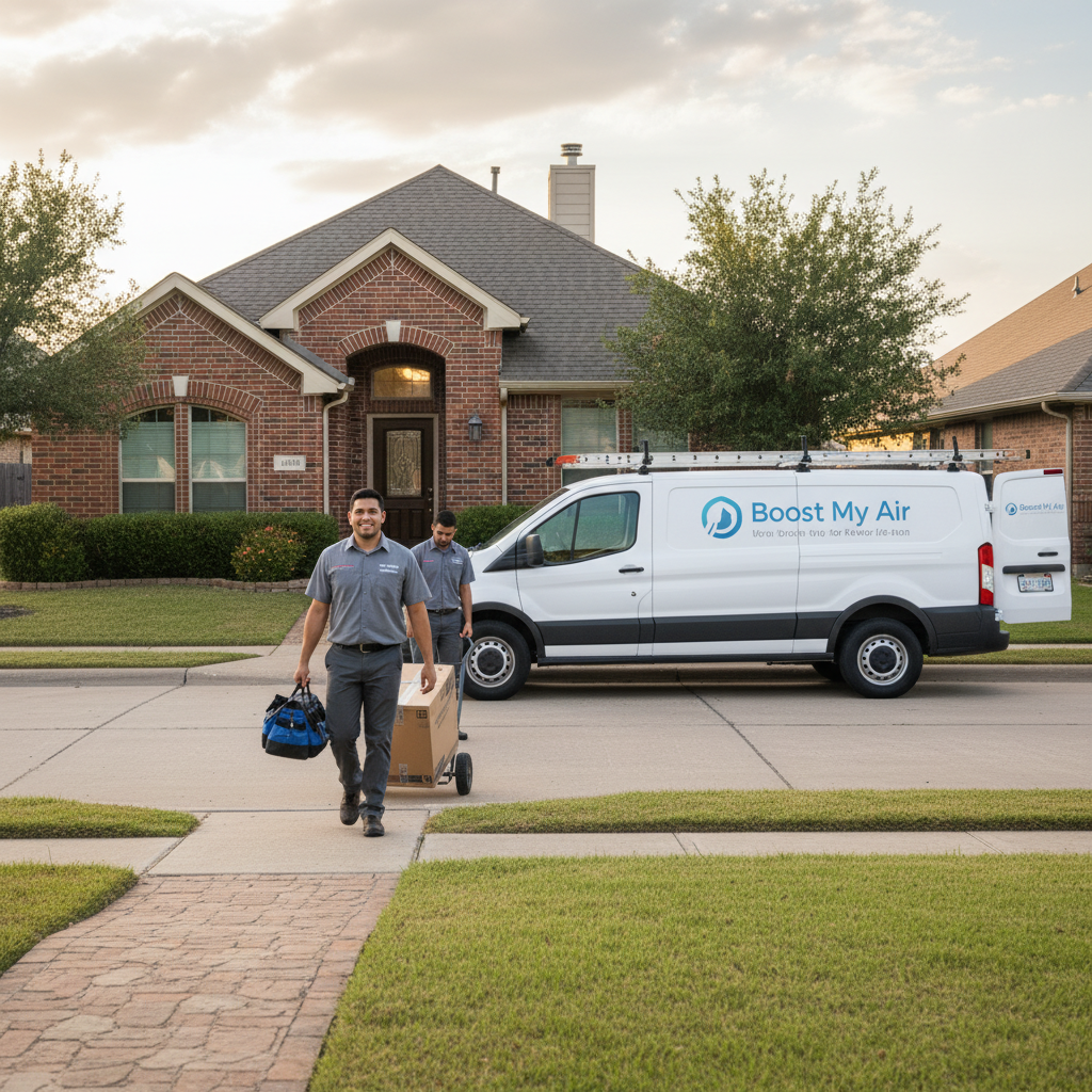 Professional Boost My Air team arriving at a home for AC service in Grand Prairie, TX.