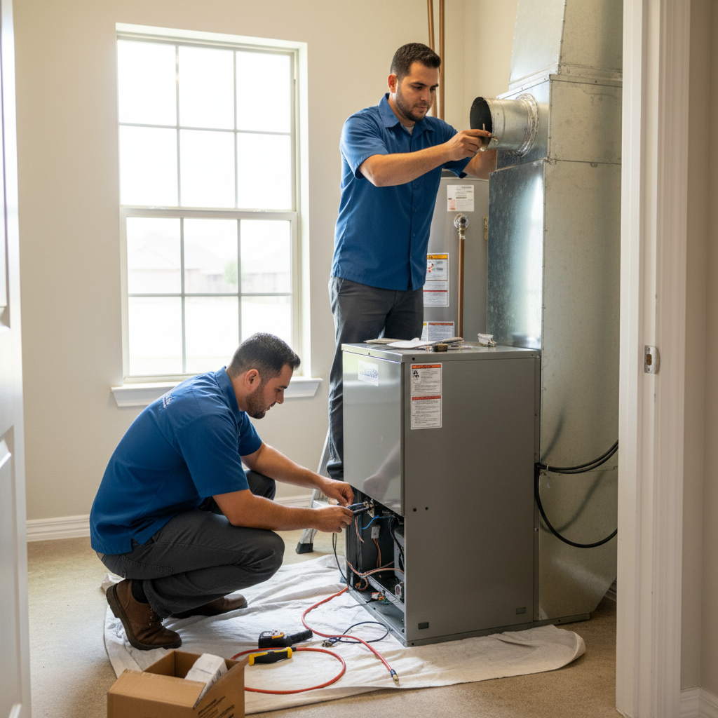 Professional Boost My Air team installing a new furnace in a DFW metroplex home in Grand Prairie, TX.