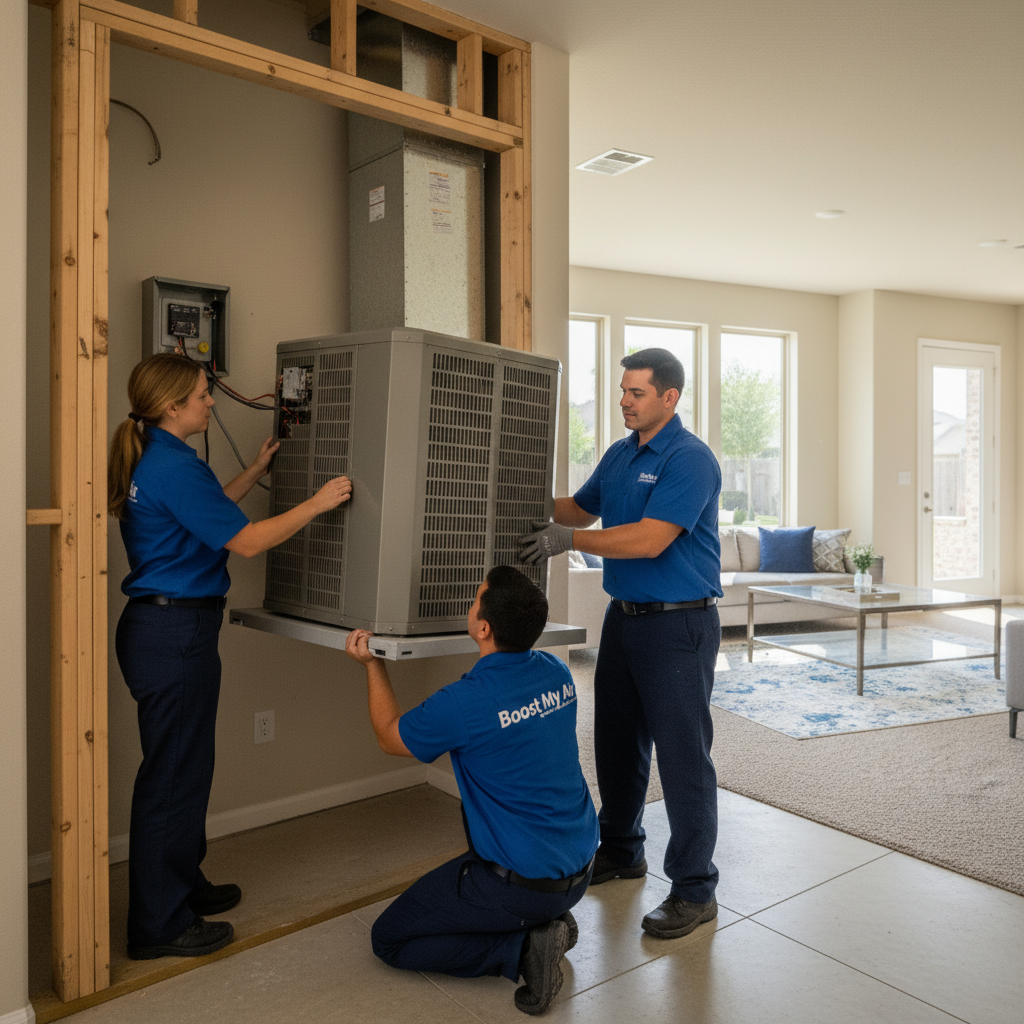 Professional Boost My Air team installing a new HVAC system in a Grand Prairie, TX residence.