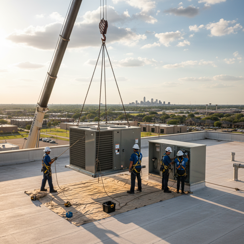 Professional Boost My Air team installing a new HVAC system at a Grand Prairie, TX commercial building.