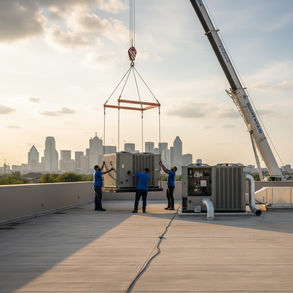 Professional Boost My Air team installing a new HVAC system at a business in the DFW metroplex, TX.