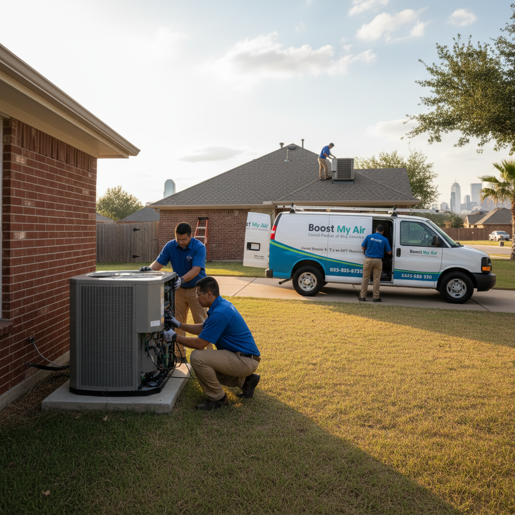 Professional Boost My Air technician installing a new air conditioning unit at a Grand Prairie, TX home.