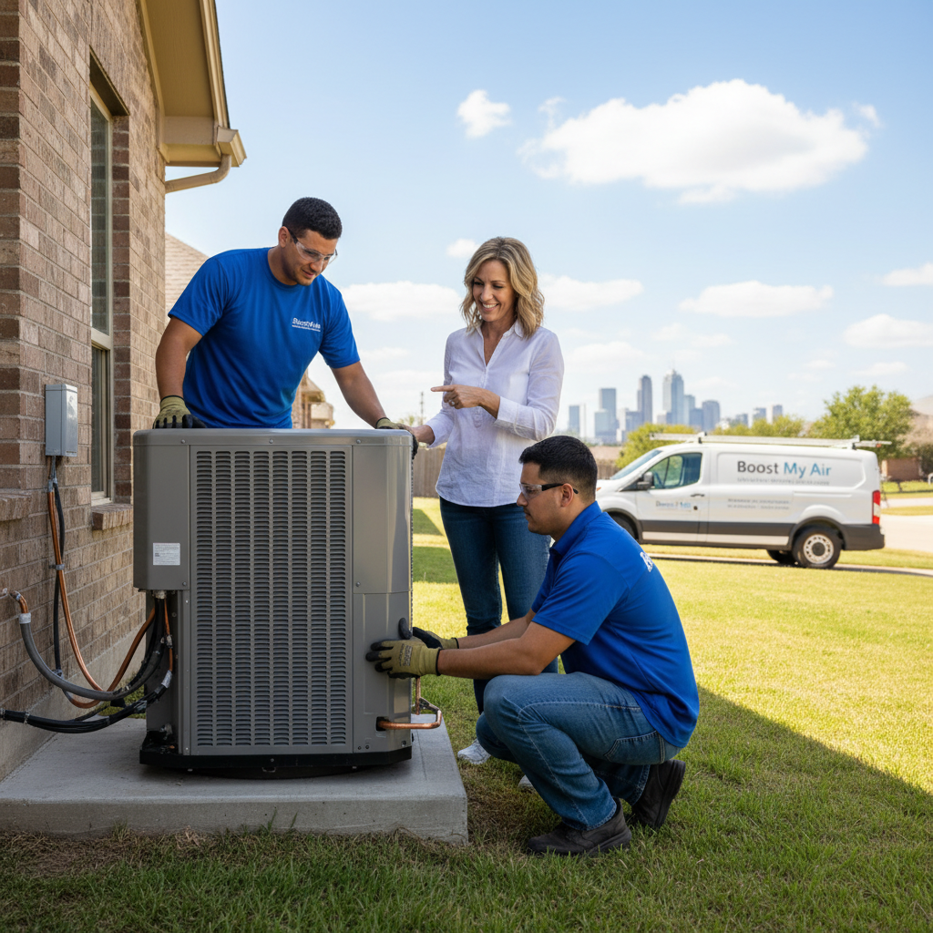 Professional Boost My Air technician installing a new air conditioning unit in Grand Prairie, TX.