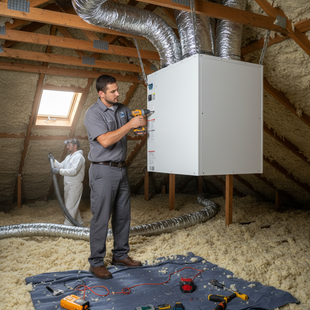 Professional Boost My Air technician installing a new air conditioning unit in a Grand Prairie, TX home.