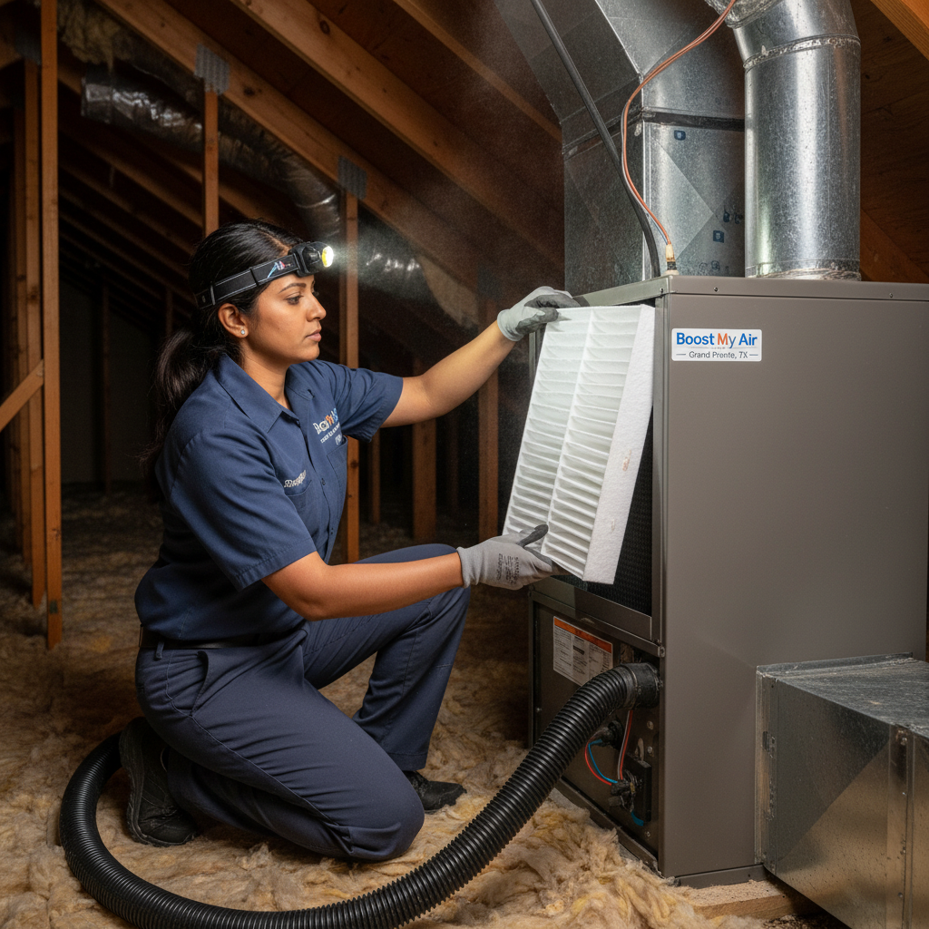 Professional Boost My Air technician installing a new air filter in a residential HVAC system in Grand Prairie, TX.