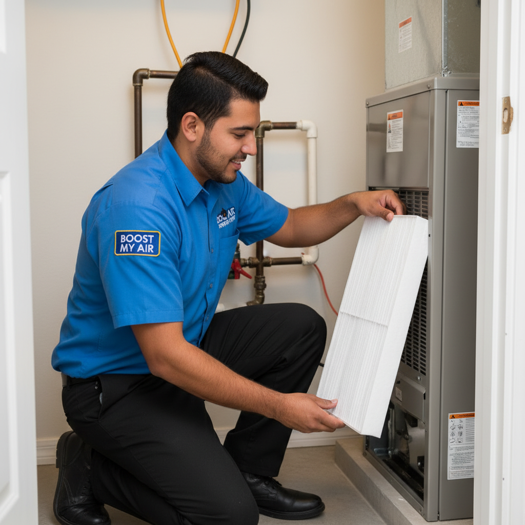 Professional Boost My Air technician installing a new air filter in a DFW metroplex residential furnace.