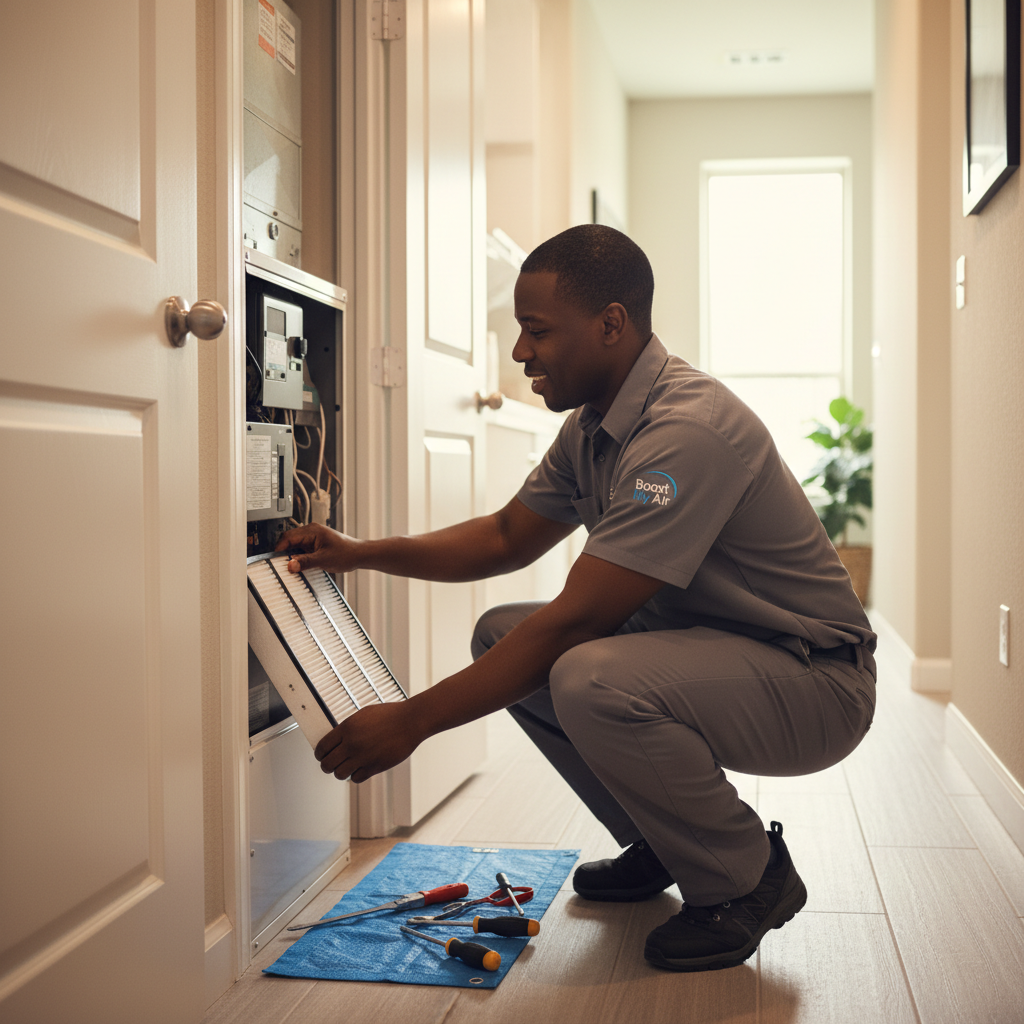 Professional Boost My Air technician installing a new air filter in a Grand Prairie, TX residence.