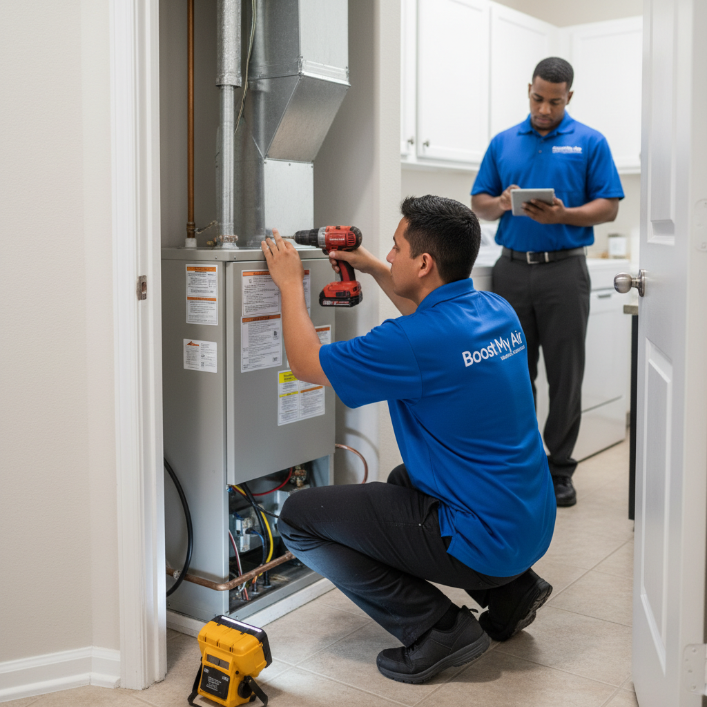 Professional Boost My Air technician installing a new furnace in a DFW metroplex, TX home's utility closet.