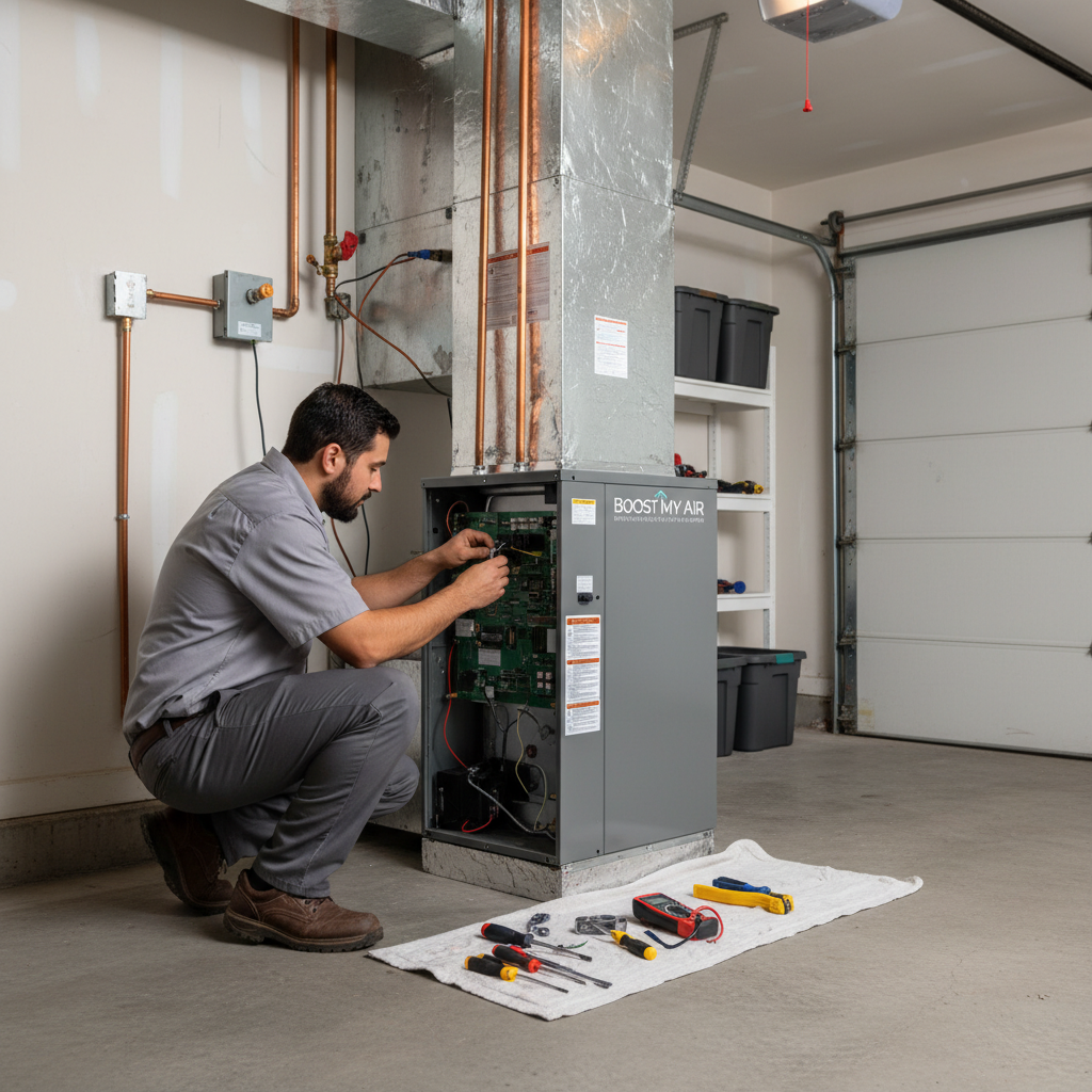 Professional Boost My Air technician installing a new furnace in a DFW metroplex home.