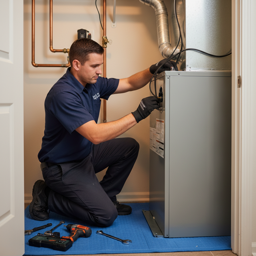 Professional Boost My Air technician installing a new furnace in a DFW metroplex home.