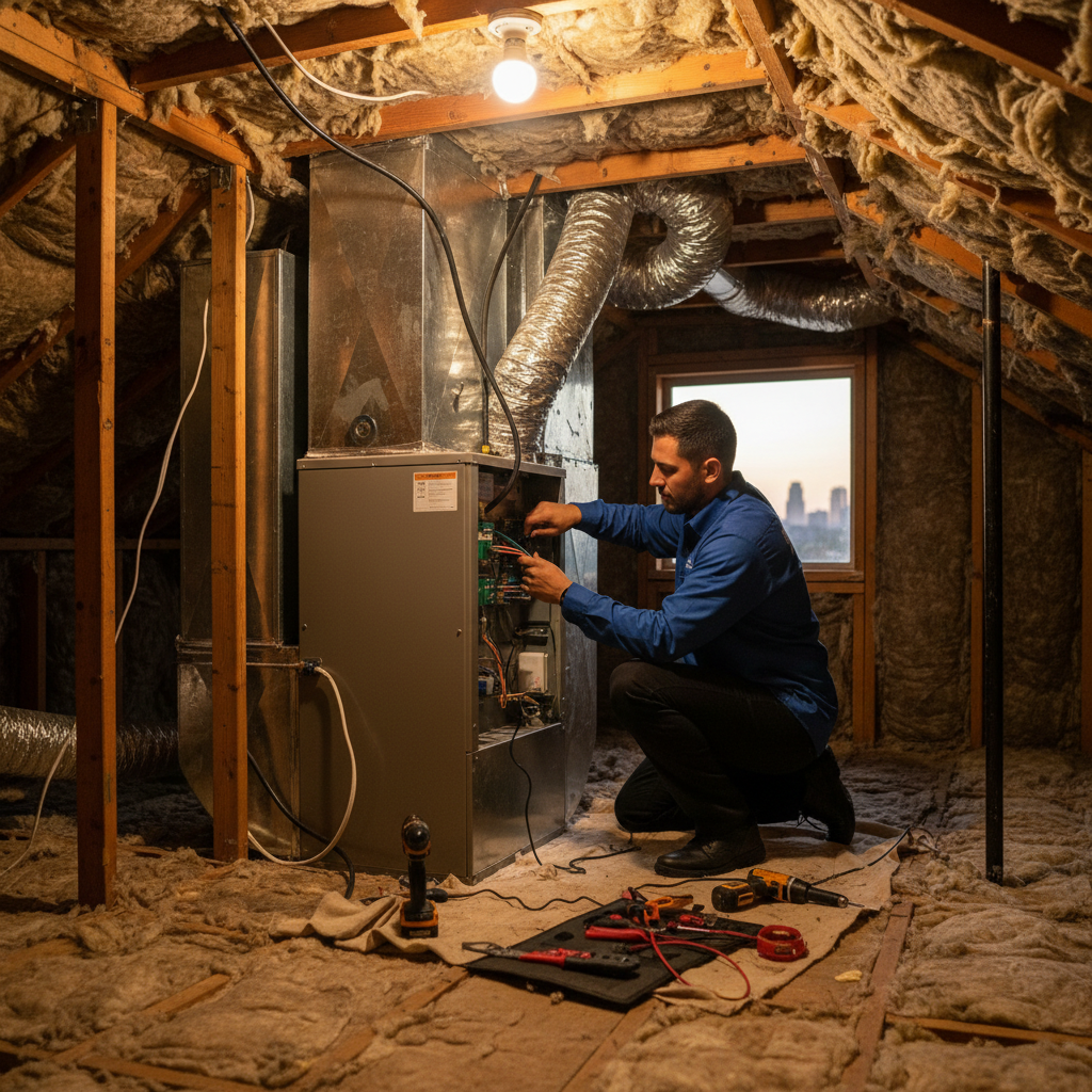Professional Boost My Air technician installing a new furnace in a DFW metroplex residential attic.