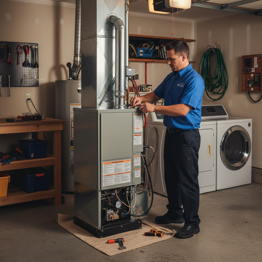 Professional Boost My Air technician installing a new furnace in a Grand Prairie, TX home.