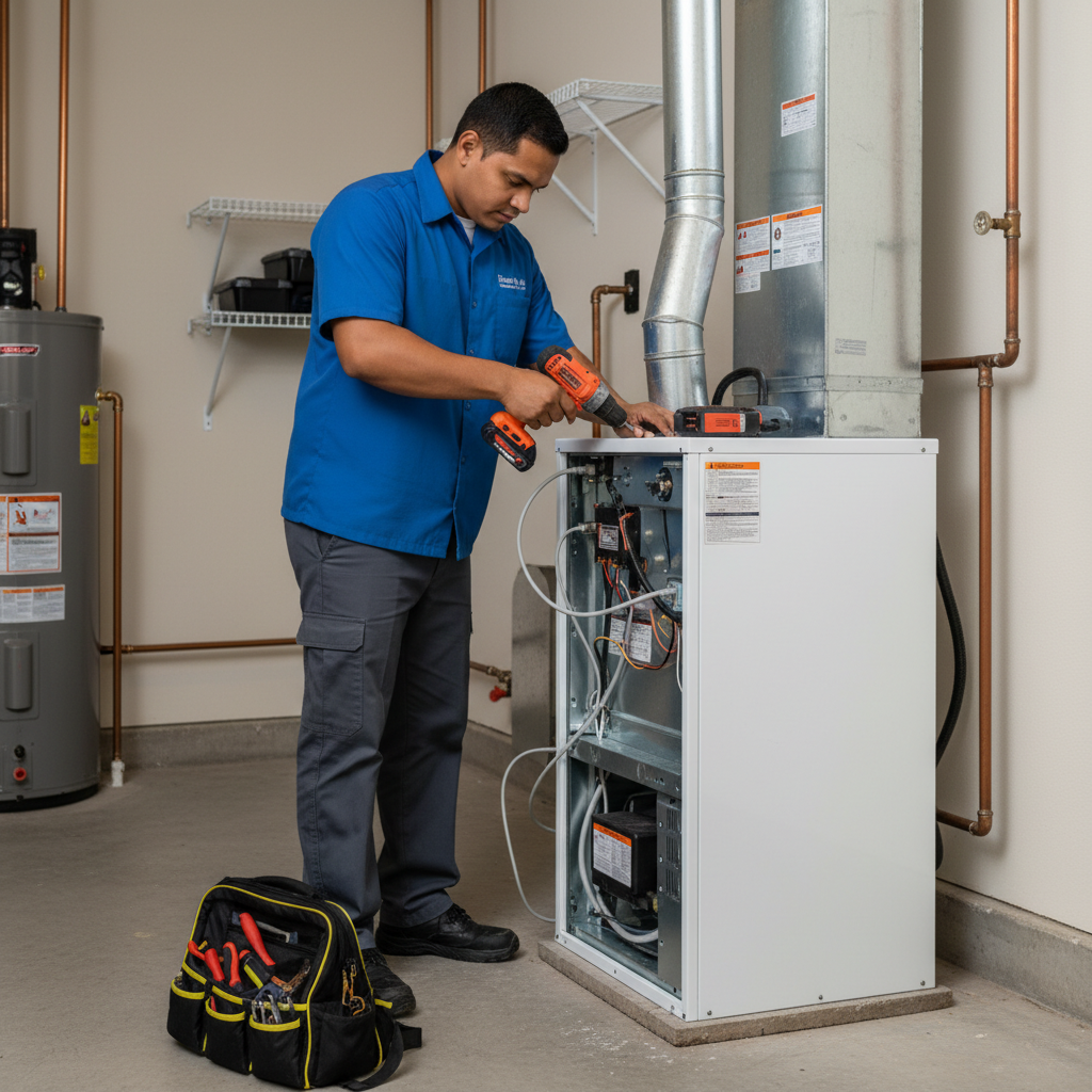 Professional Boost My Air technician installing a new furnace in a Grand Prairie, TX home.