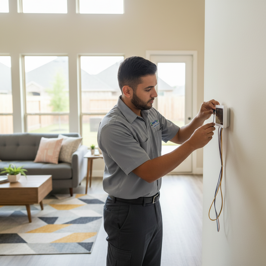 Professional Boost My Air technician installing a new thermostat in a modern Grand Prairie, TX home.