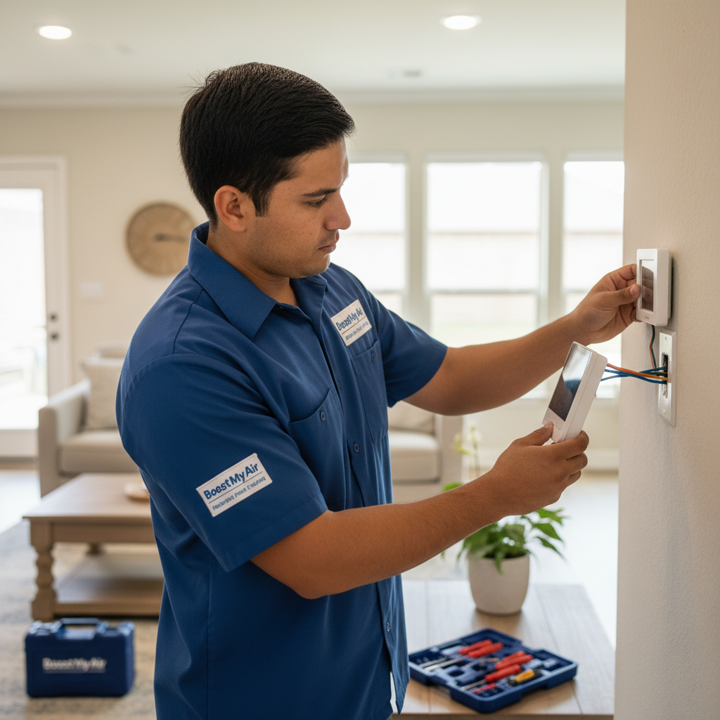 Professional Boost My Air technician installing a new thermostat in a Grand Prairie, TX home.