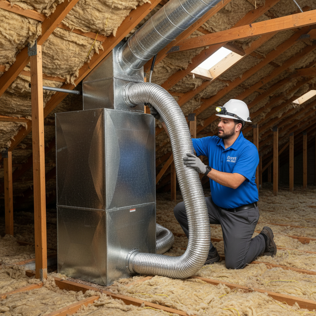 Professional Boost My Air technician installing new air conditioning ductwork in Grand Prairie, TX.
