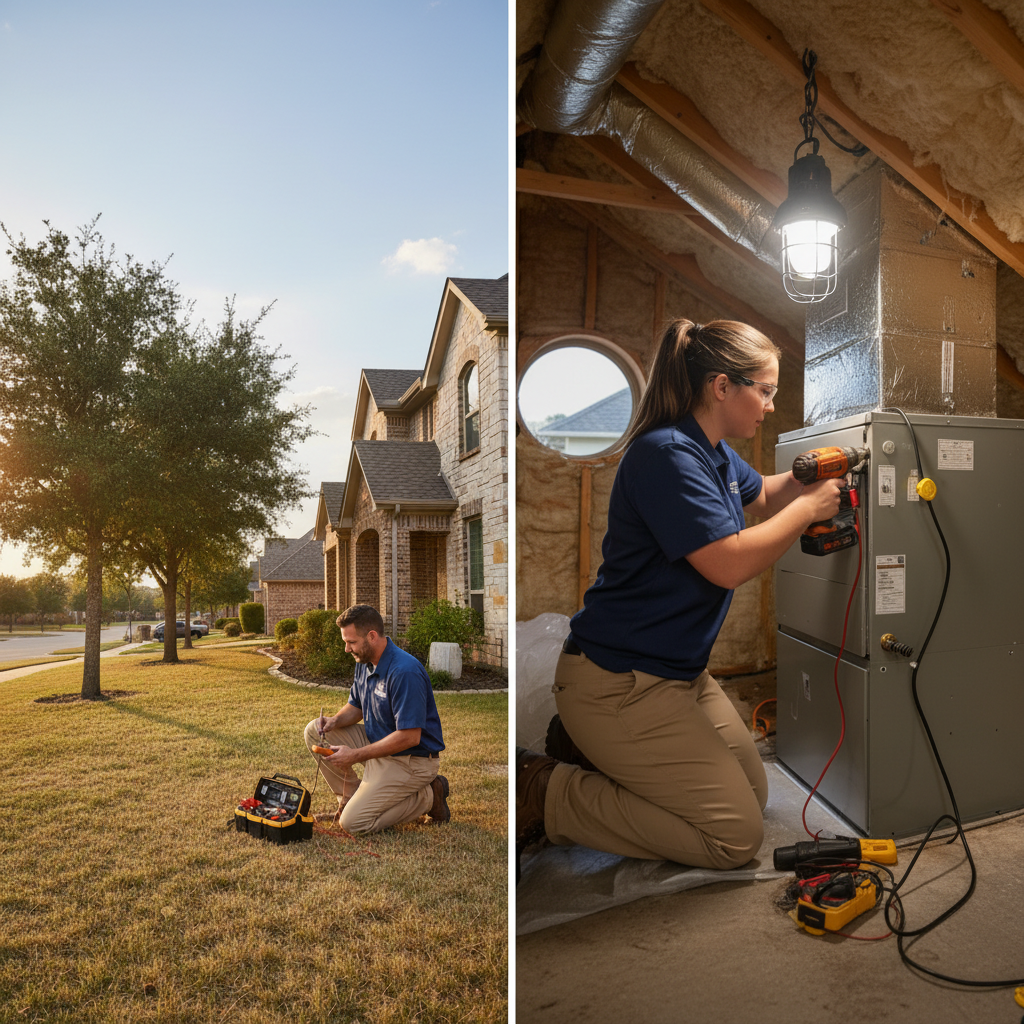 Professional Boost My Air technician performing HVAC system maintenance in a Grand Prairie, TX attic.