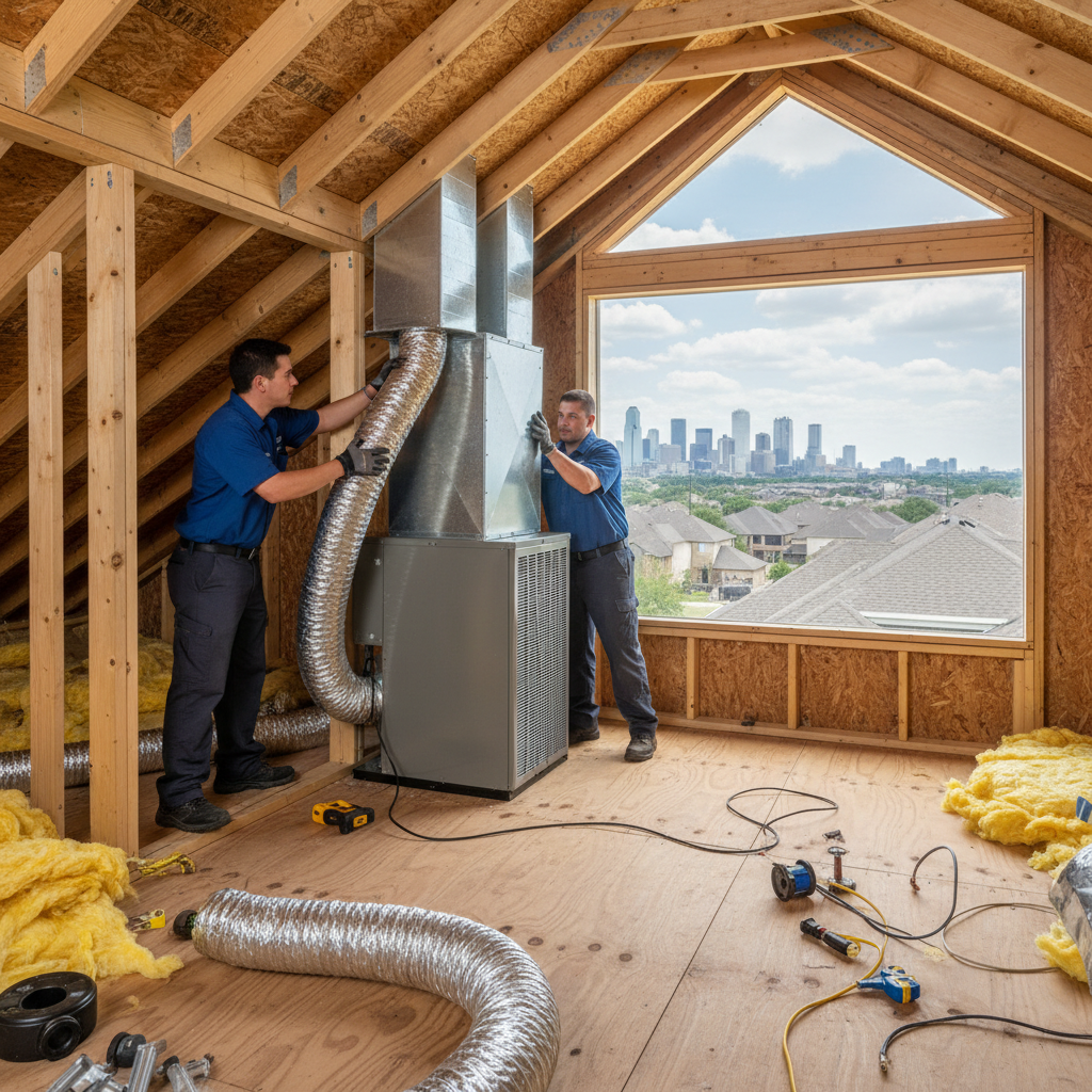 Professional Boost My Air technicians installing a new HVAC system in a Grand Prairie, TX home.