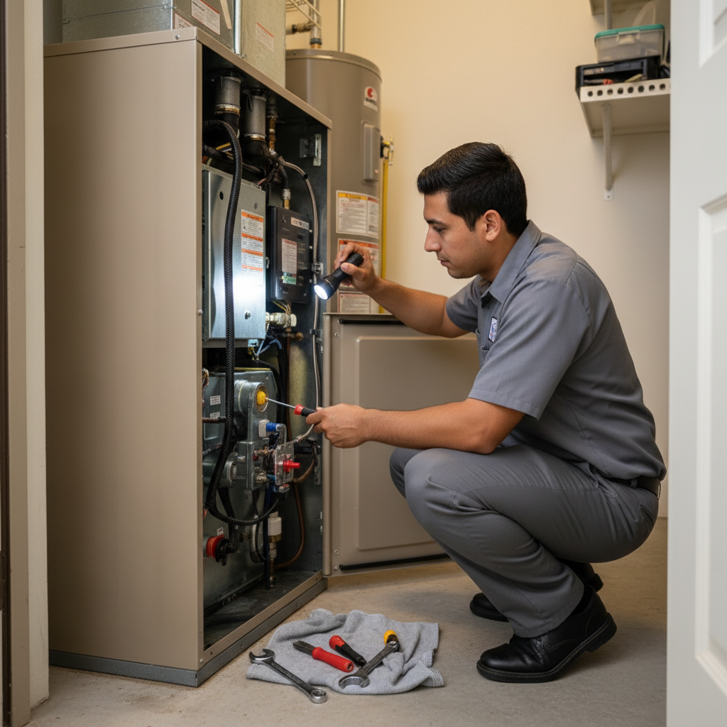 Professional HVAC expert inspecting a furnace in a DFW metroplex home, ensuring optimal heating.