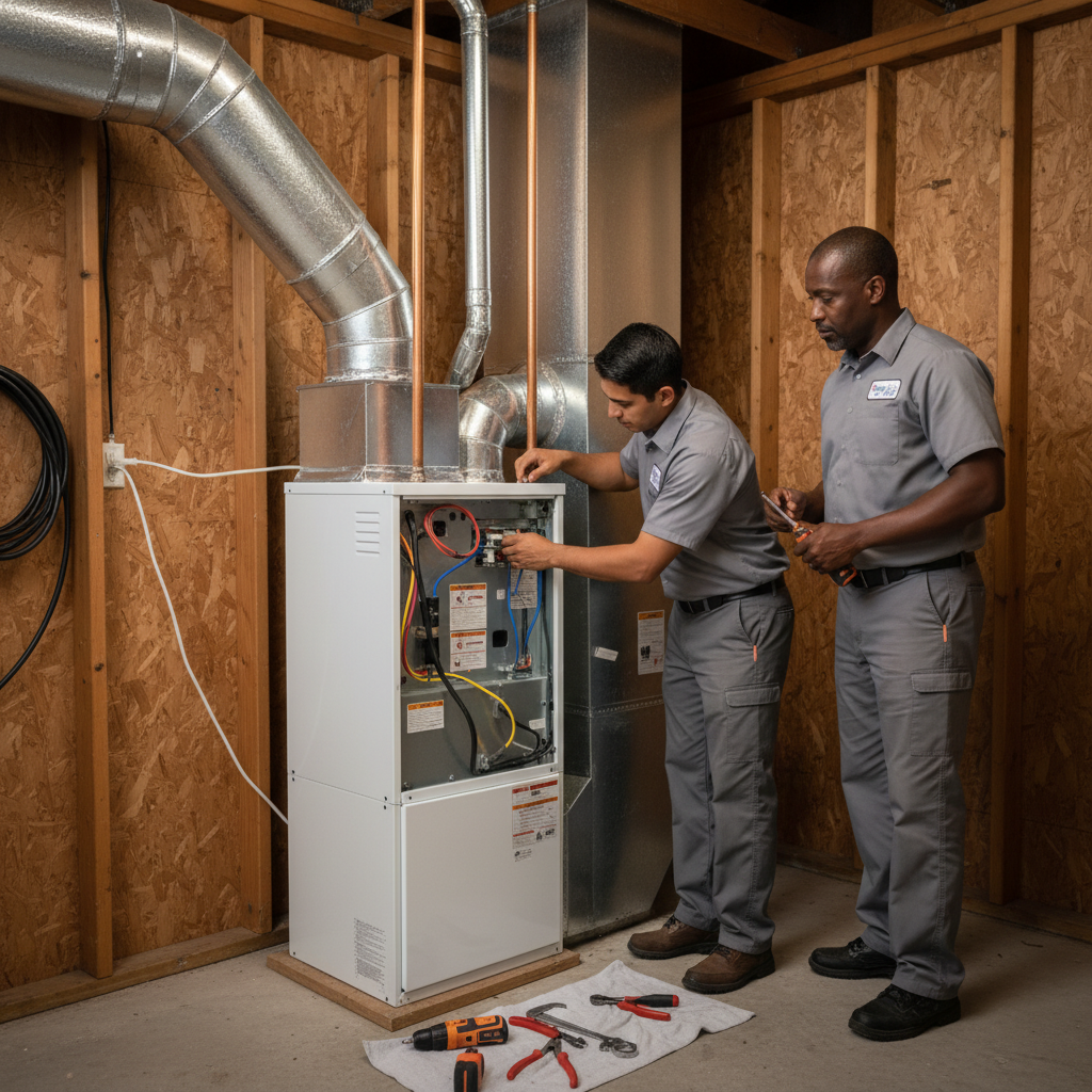 Professional HVAC installation of a new furnace in a Grand Prairie, TX residence.