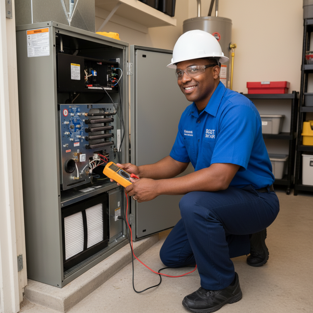 Professional HVAC technician checking a furnace in a Grand Prairie, TX home for heating service.