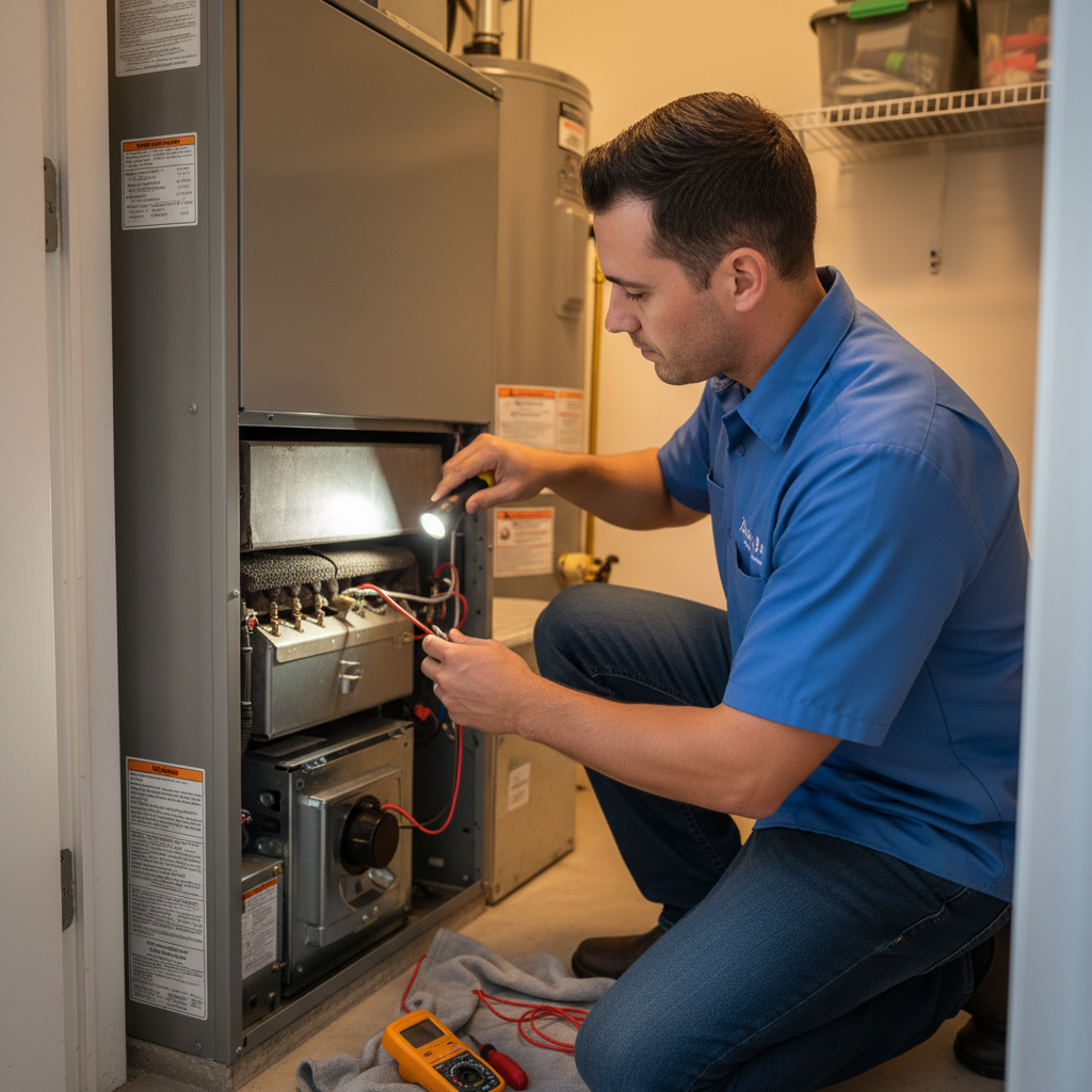 Professional HVAC technician inspecting a furnace during a heating service in a DFW metroplex home.