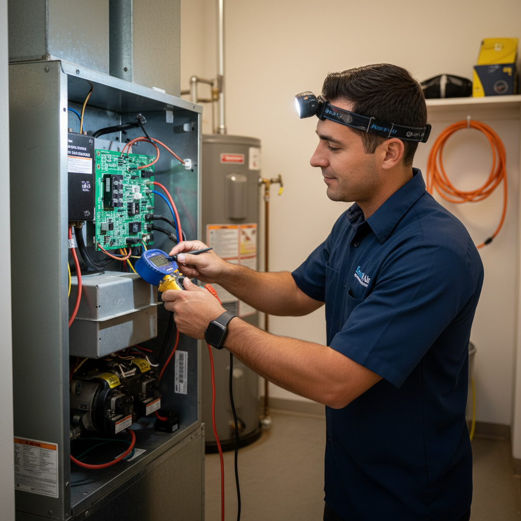 Professional HVAC technician inspecting a furnace in a Grand Prairie, TX home.