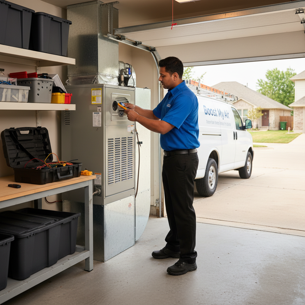 Professional HVAC technician inspecting a furnace in a Grand Prairie, TX home for heating service.