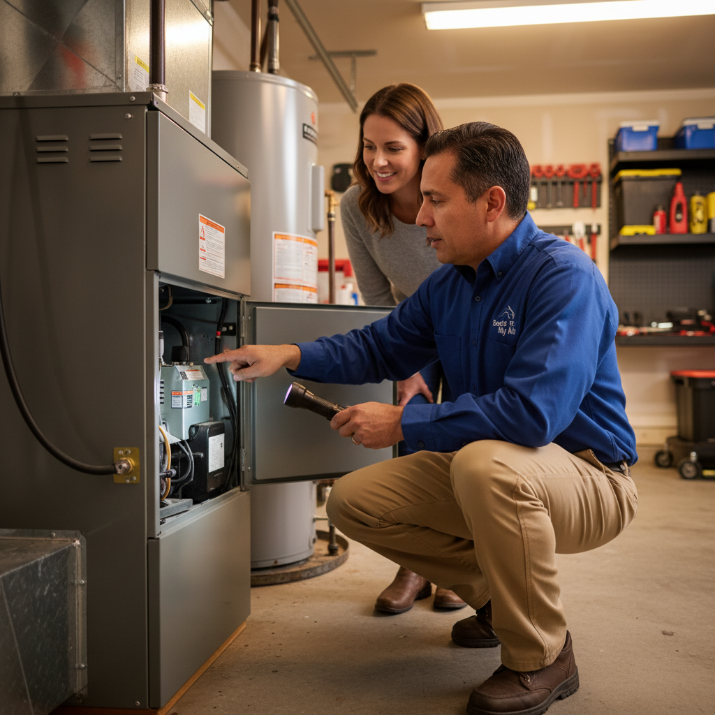 Professional HVAC technician inspecting a furnace in a residential home in the DFW metroplex, TX.